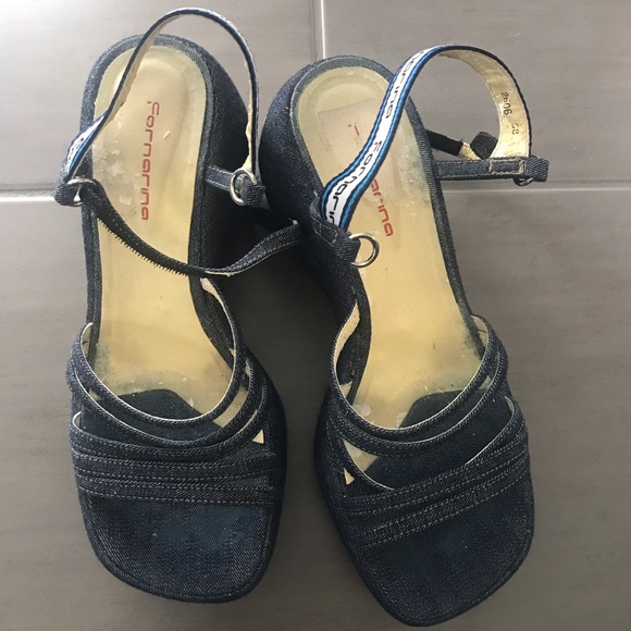 Vintage 90s Fornarina Denim Platform Wedge Sandals - Picture 3 of 9